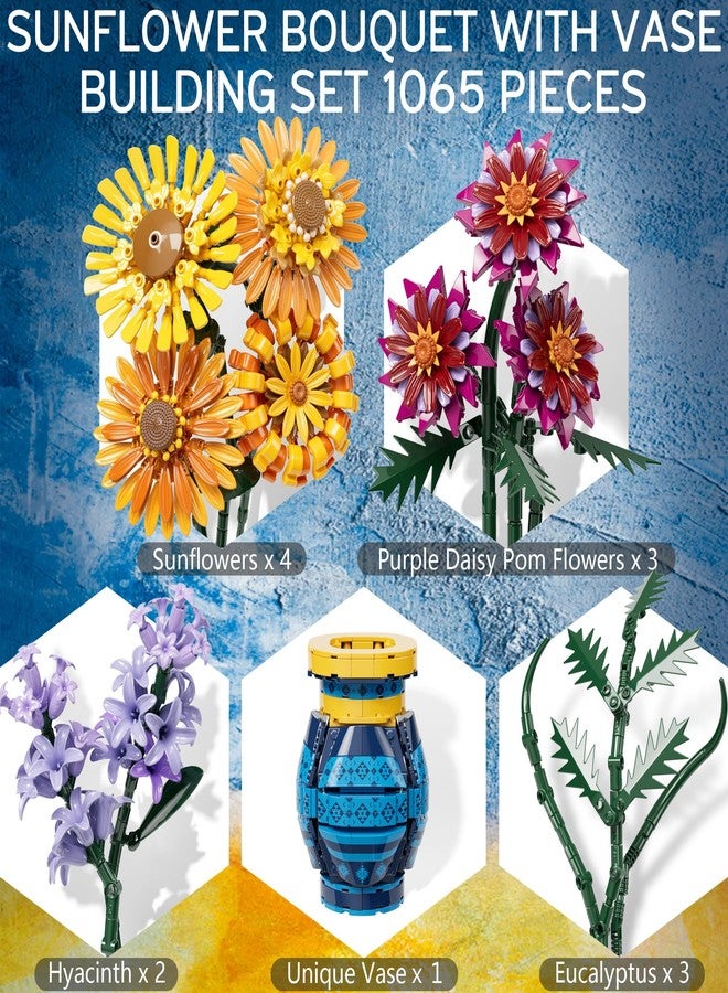 Asoulin Flower Bouquet Building Blocks Set with Vase, Valentines Day Gifts for Her Wife Him, 1065PCS Sunflower Botanical Collection Artificial Flower Birthday Gifts for Women Men Teen Girls Mom Teacher Adults - Image 3